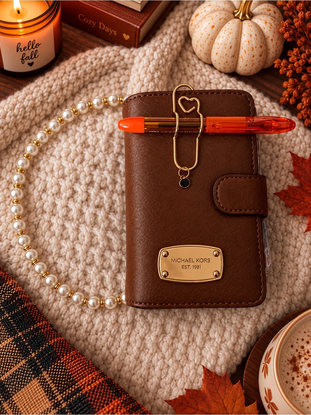 Michael Kors Brown Leather Phone Case with Gold Nameplate